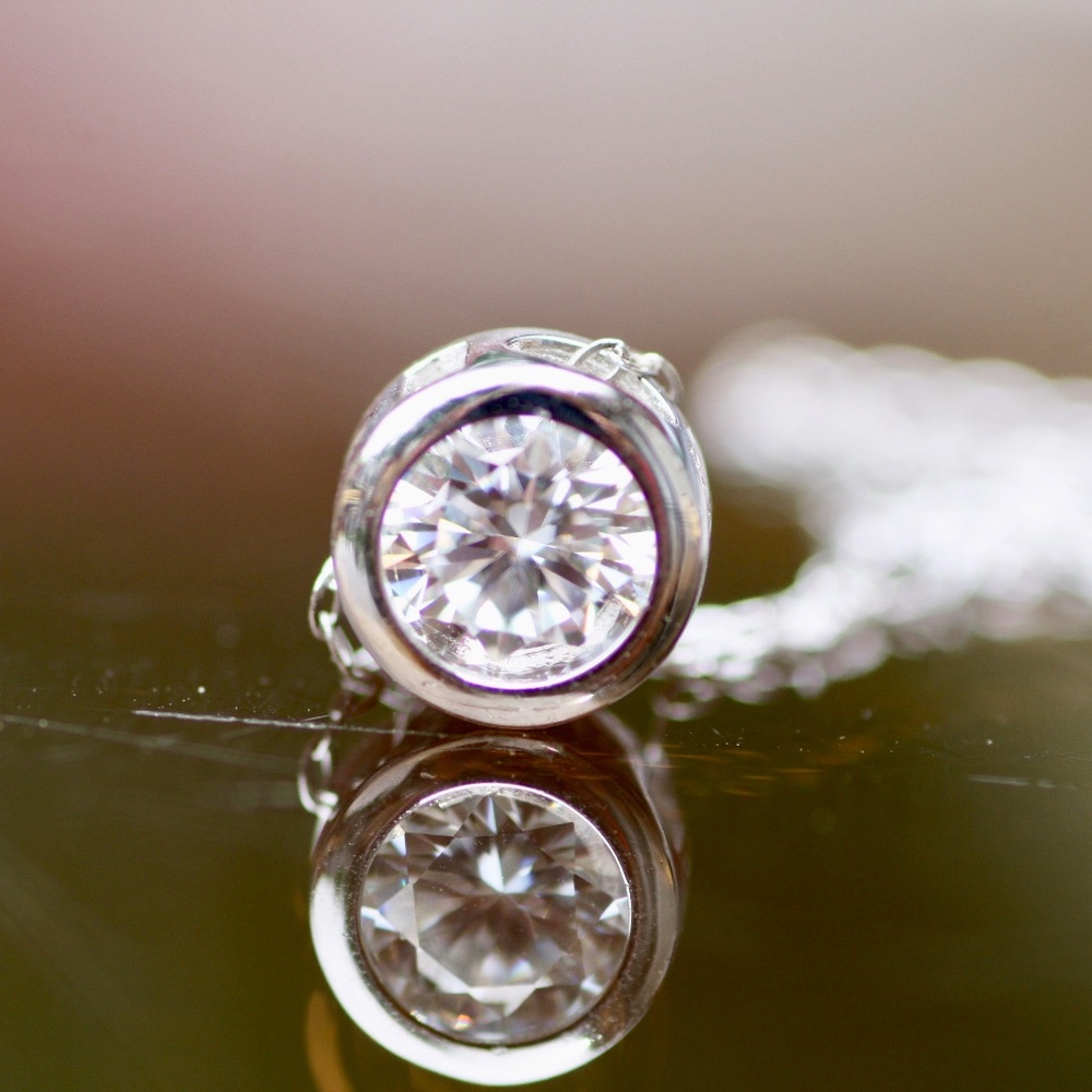 New Bezel Set 1 Carat Moissanite Pendant, Sterling Silver, VVS D